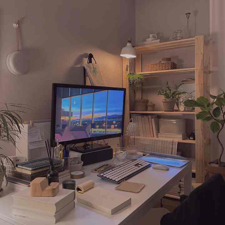 White and wood-tone studio apartment home office featuring a desk and shelving with books and plants in a cozy workspace