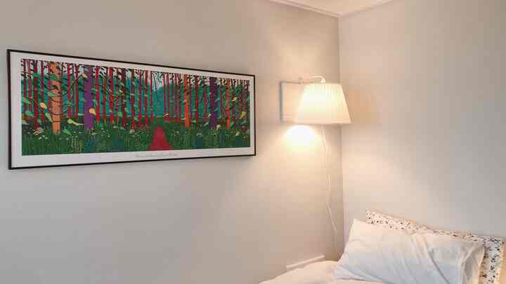 White-toned bedroom featuring a wall sconce and colorful framed artwork creating a simple ambiance