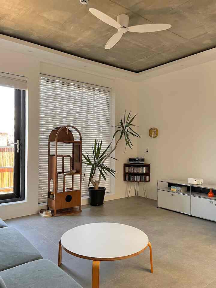 Natural living room in white and wood tones for living with a cat, featuring wooden cat tower and minimalist furniture layout