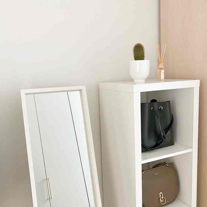 Walk-in closet entrance with a white full-length mirror and white storage cabinet accented by natural wood tones and a cactus plant, minimal and clean interior