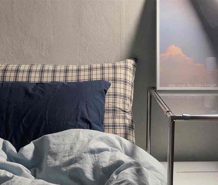 ライトグレーの壁とネイビークッション、チェック柄の枕が配置された落ち着いた雰囲気の寝室