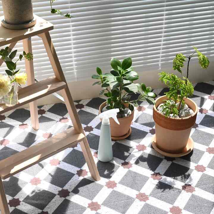 明るいホワイトのブラインドと北欧風のパターンタイルの床、木製の3段梯子と緑の植物が配置された自然な雰囲気のあるインテリア