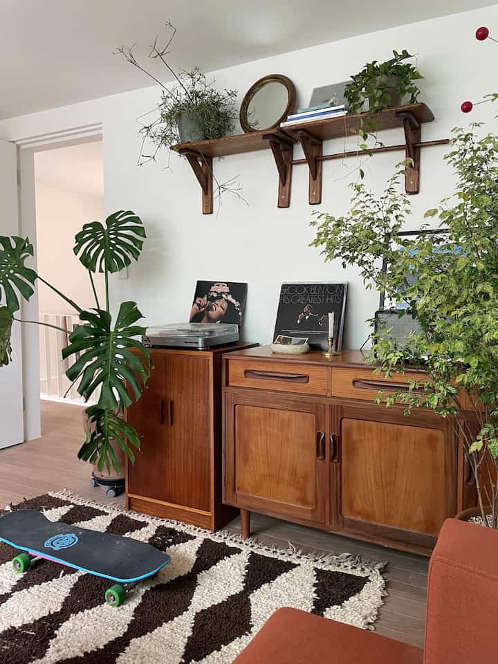 Living room with brown wooden cabinets and green plants featuring a retro vibe