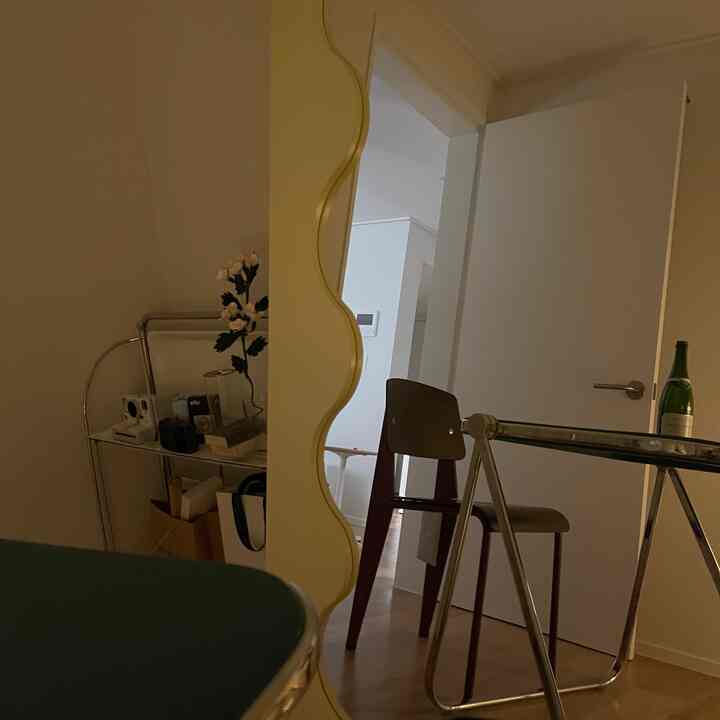 淡い黄色の曲線的な鏡とメタルフレームのダイニングテーブルが配された、白い壁の狭いモダンでナチュラルな雰囲気のインテリア