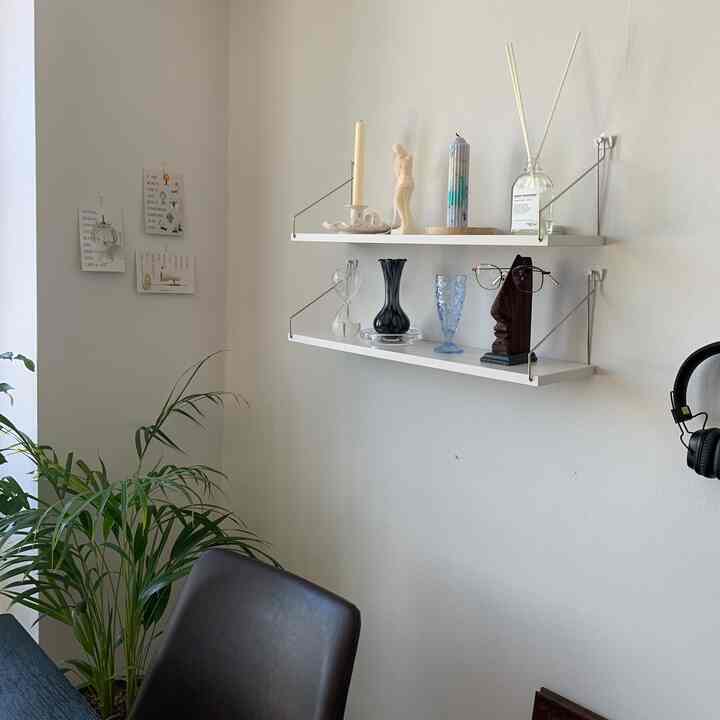 Natural tone living room with white shelves on white wall, green plants, and minimalistic decor creating a calm atmosphere