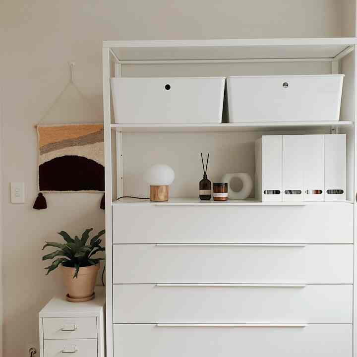 Clean storage space in white and natural tones featuring plant, diffuser, and decorative accessories with a warm atmosphere