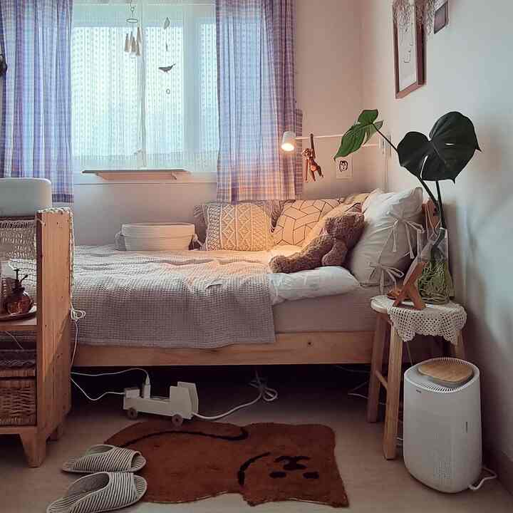 Natural-toned bedroom with white and beige hues, wooden furniture, a rug, and pet-friendly cozy ambiance