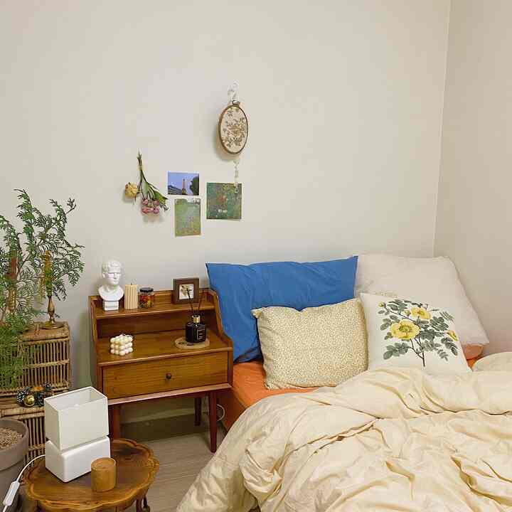 Natural-toned bedroom featuring blue pillows and orange mattress cover in a vintage style setting