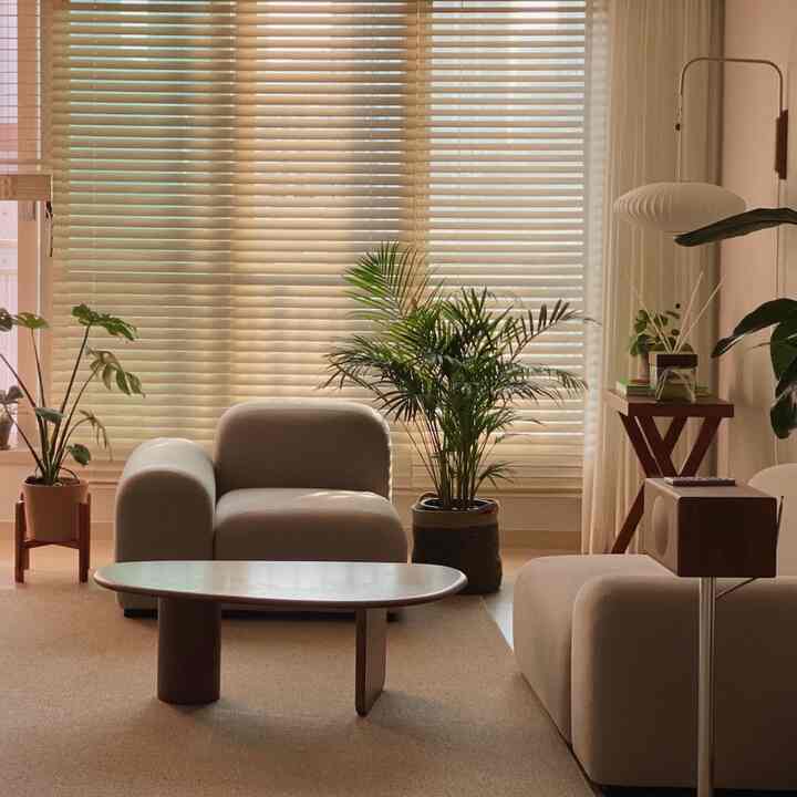 Beige and wood-toned living room featuring modular sofas, wooden coffee table, large wood blinds, and lush plants for a natural vibe