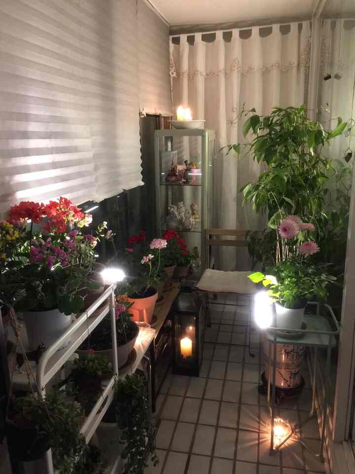 White-toned balcony space featuring a wooden chair, various plants, and candles creating cozy healing ambiance