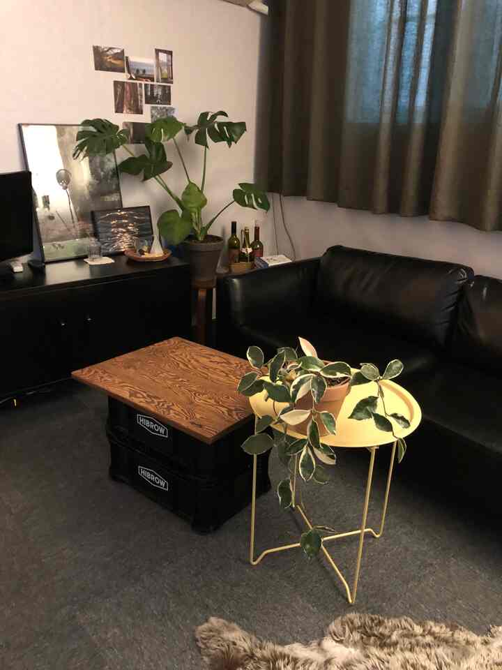 Black and natural tones in a home office space featuring a leather sofa, Hibrow camping table, and plants with a modern cozy atmosphere