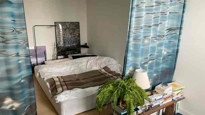 Bright white and natural toned bedroom featuring blue curtains and greenery creating a calm atmosphere