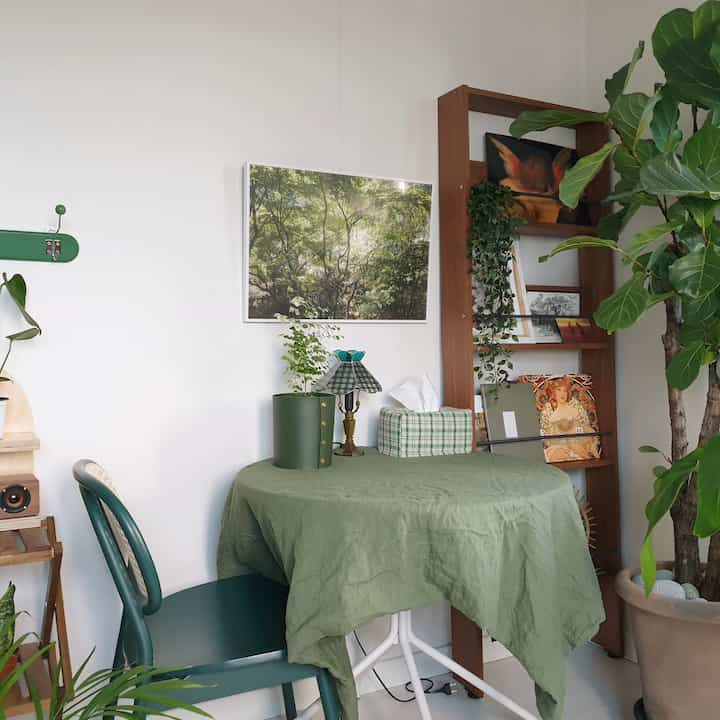 Natural green-toned dining room featuring a wooden bookshelf and various plants creating a cozy atmosphere