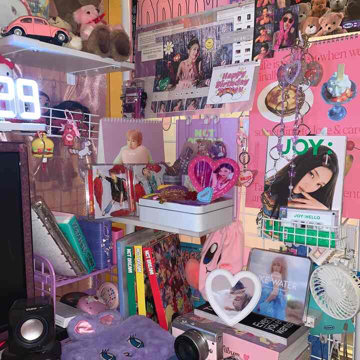 ピンクとパープルの色調のネットメッシュパーティションがある、かわいらしい小物とヴィンテージアイテムが配置されたレトロなインテリア空間