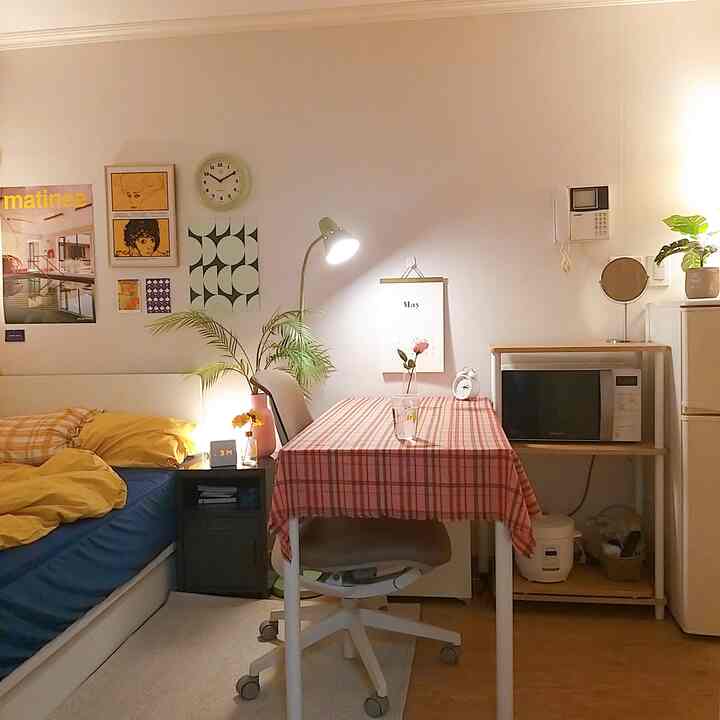 Natural-toned single household space featuring a simple dining room with a checkered tablecloth and bedroom creating a cozy atmosphere