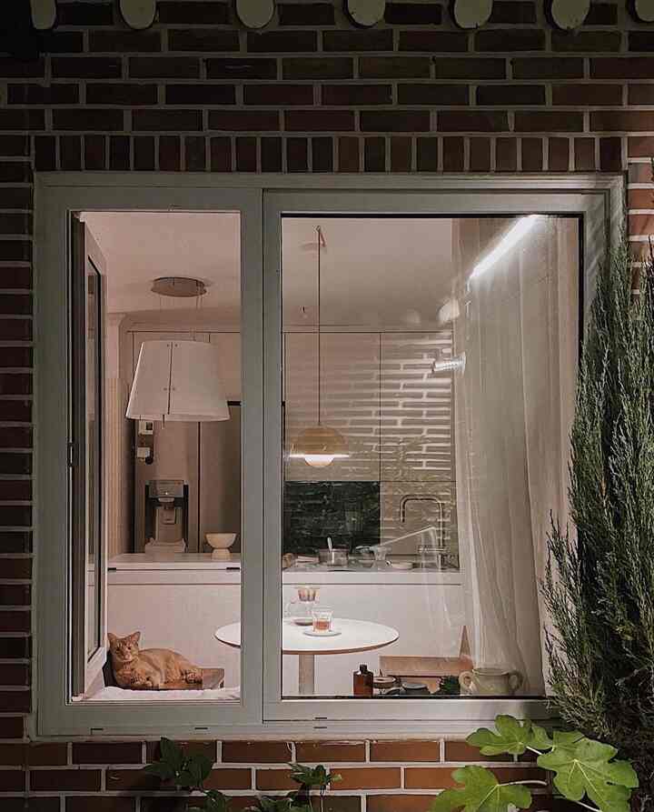 煉瓦の外観窓越しに見えるキッチン、白いテーブルとペンダントライト、窓辺でくつろぐ猫のいる雰囲気のある空間