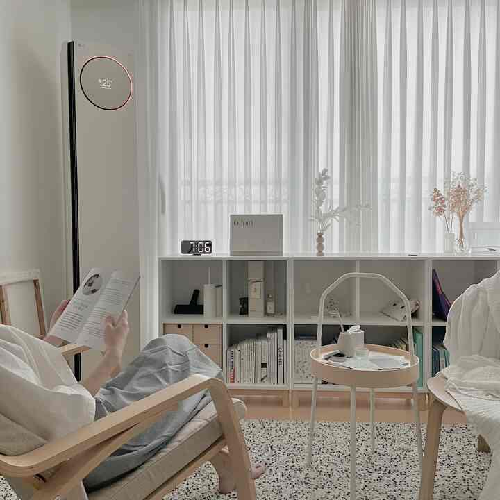 White and beige toned living room featuring wooden armchairs and white bookshelves with a minimal and natural atmosphere