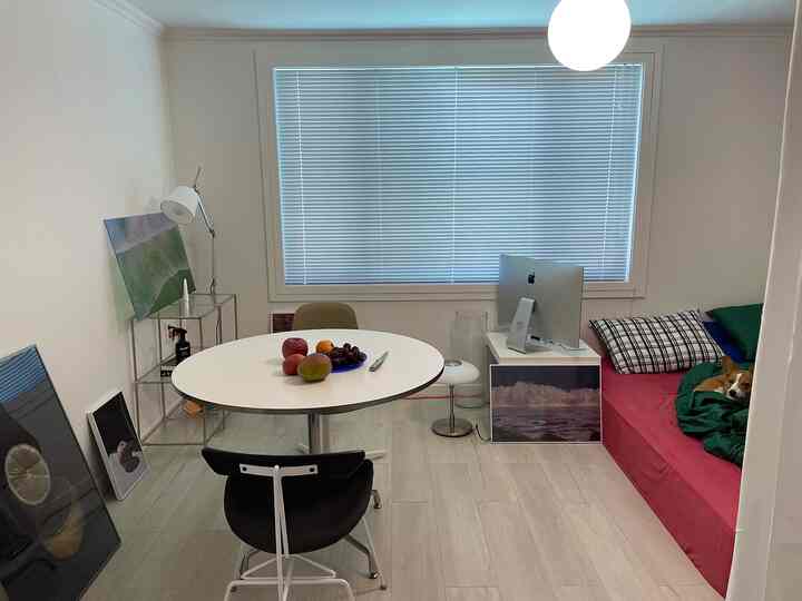 White tone bedroom with aluminum blinds, featuring a bed, round table, and a dog in a minimal and compact interior