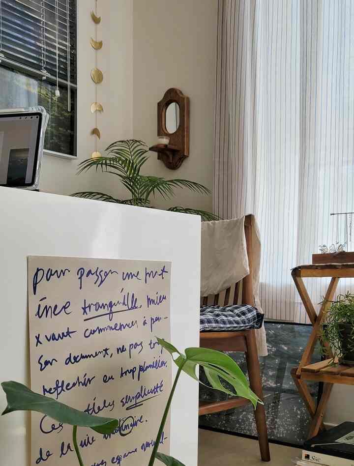 Beige and wood tones blend in a natural-style living room featuring a dining chair, shelf, and plants with a cozy atmosphere