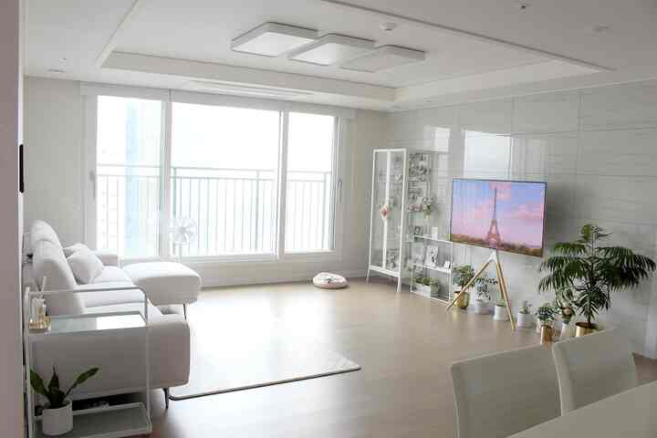 Bright white and wood-tone living room featuring sofa and TV stand, a clean space for single household with pets