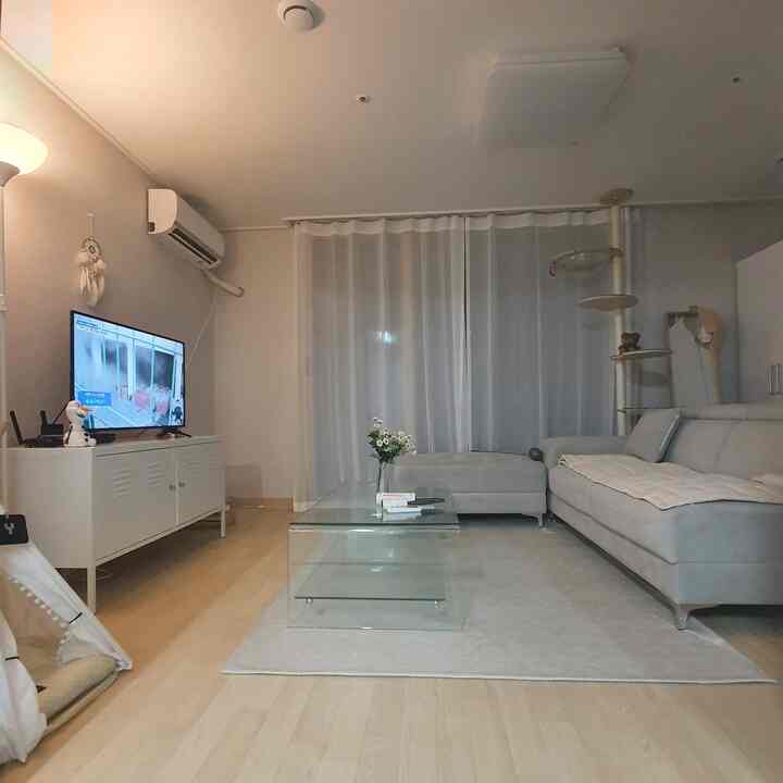 White and gray toned living room featuring large gray sofa, transparent glass table, and a cat tower creating a cozy, clean space