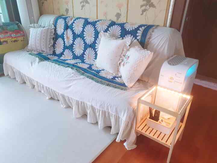 白とベージュの色調のリビング、フリル付きソファカバーと花柄クッションが配置された暖かくナチュラルな印象のインテリア