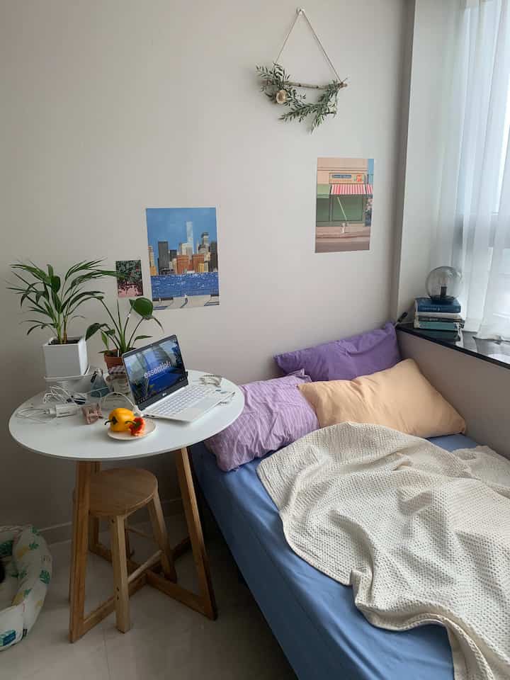 Cozy studio apartment with white walls and curtains, blue bed, round table, and plants arranged naturally