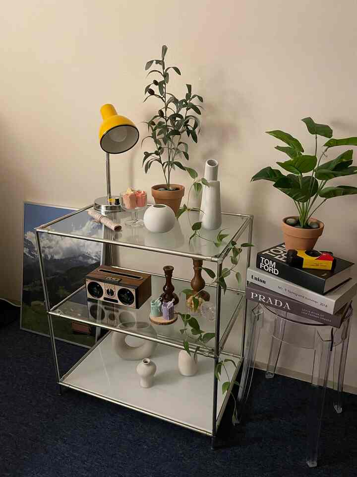 A modern and tidy studio apartment featuring transparent modular shelves with yellow table lamp, interior accessories, and plants against beige walls and navy flooring.