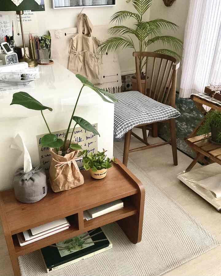 ウッドトーンとナチュラルカラーが調和したダイニング、木製ダイニングチェアと緑の植物が配置された雰囲気のあるインテリア