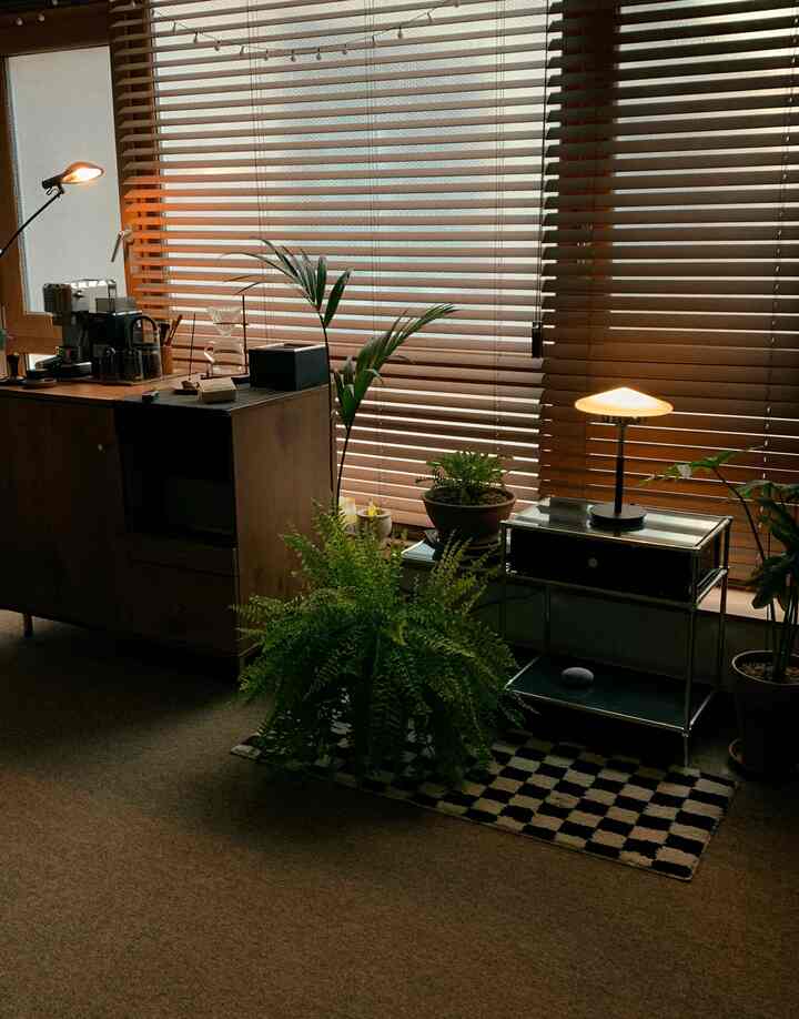Wood tone natural studio apartment featuring a De'Longhi coffee machine on the left, indoor plants in the center, and a checkerboard rug creating a cozy home cafe vibe