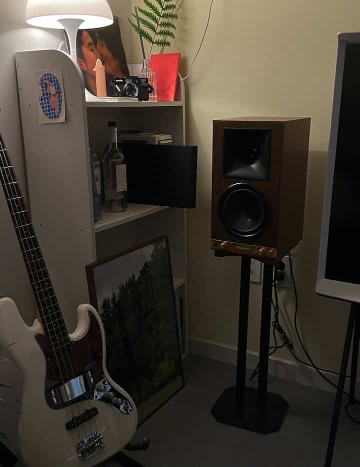 Beige walls and white shelving with wood-tone speaker in a compact walk-in closet and bedroom modern space
