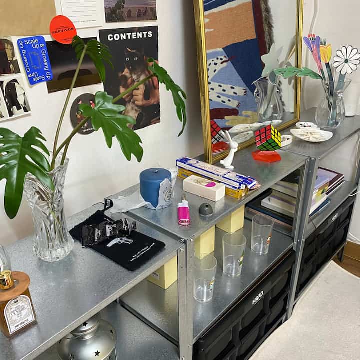 A clean interior featuring silver IKEA metal shelves, a gold vintage mirror, artificial flowers, and plants.
