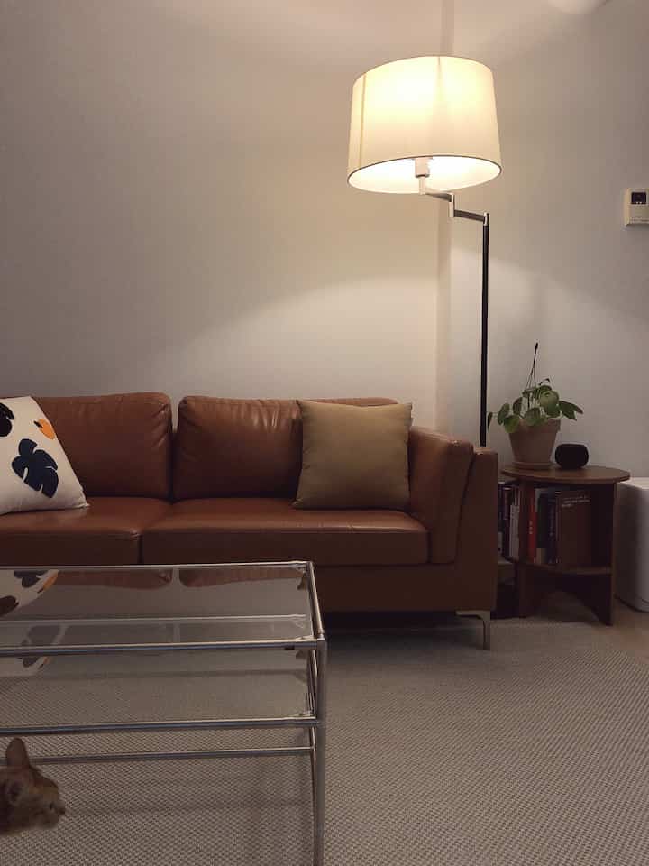 ナチュラルカラーのリビング、ブラウンレザーのソファと透明なガラスのコーヒーテーブル、フロアランプが配置された雰囲気のある空間