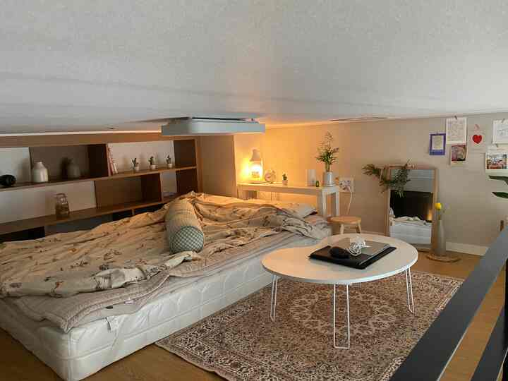 Beige and wood tone loft studio bedroom featuring bed, round table, and shelves with cozy ambiance