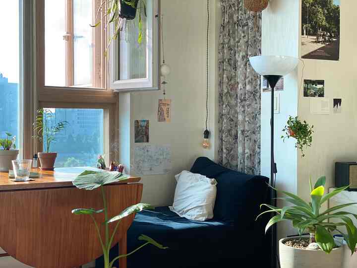 ネイビーのソファと木目調テーブルが置かれた居心地の良い小さなリビング、自然光と植物が調和したナチュラルな空間