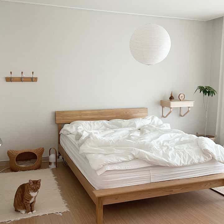 Natural wood-toned and white bedroom featuring a cat and a woven cat house in a minimalist space
