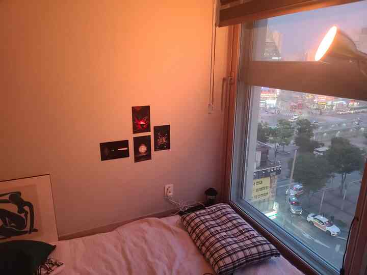 Warm orange-toned studio bedroom featuring navy check pillow and Mid-Century Modern wall art creating a cozy atmosphere