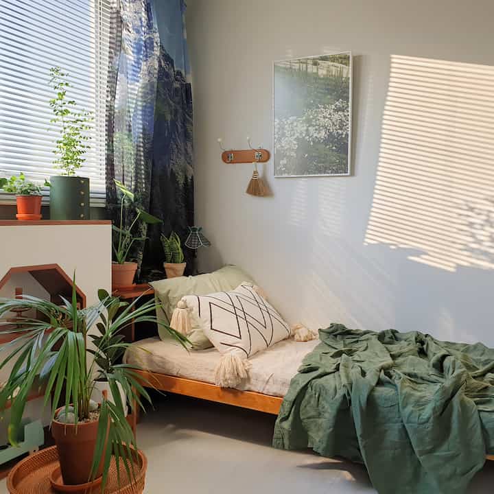 Natural 4.5-tatami bedroom with green tones and sunlight, decorated with plants and wooden furniture