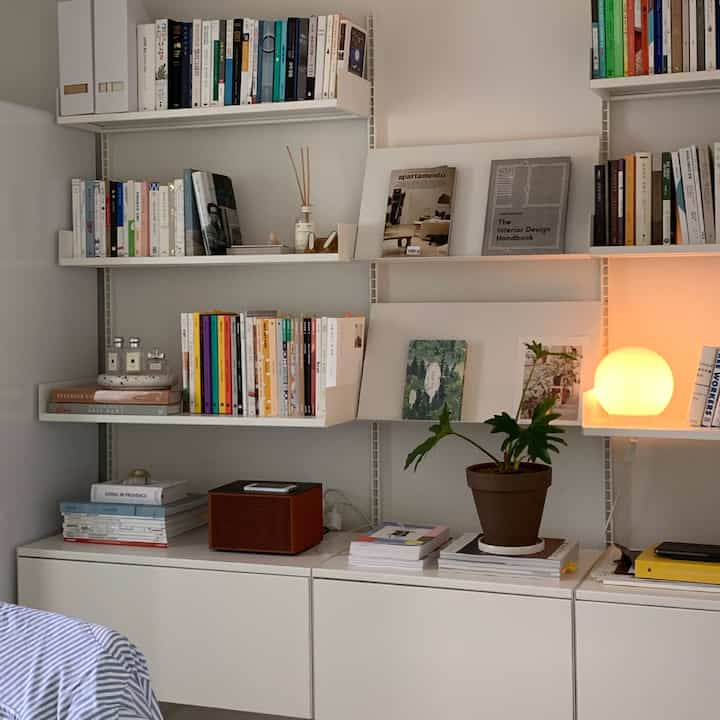 White-toned study space featuring bookshelves and a potted plant creating a cozy atmosphere