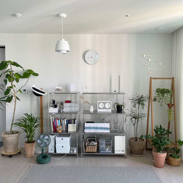 White and natural toned living room with modular shelves and various plants, featuring a simple and soothing interior
