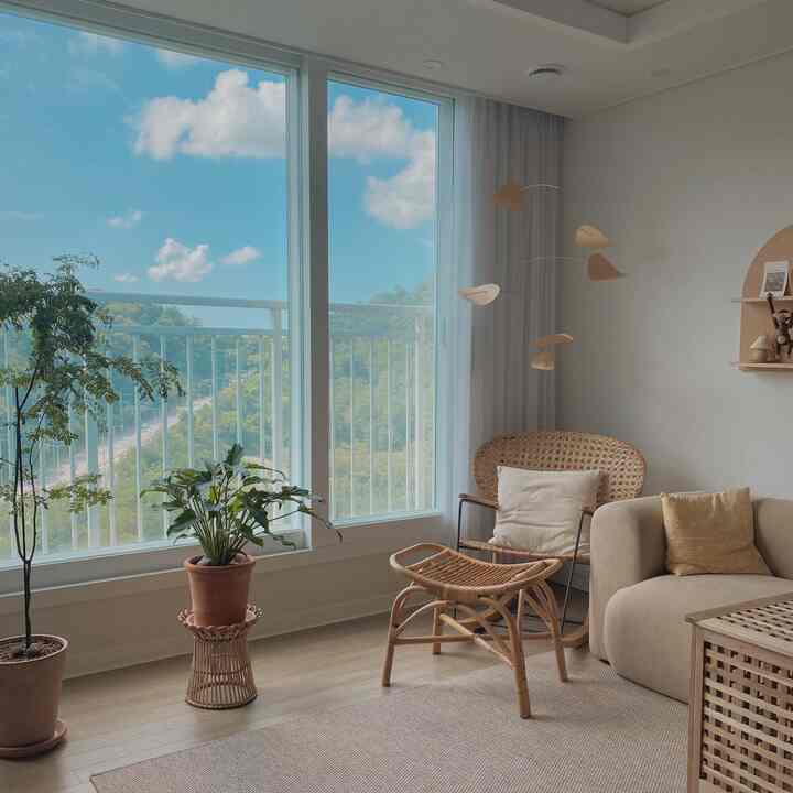 Bright living room in white, beige and wood tones featuring rattan furniture and plants with a natural atmosphere