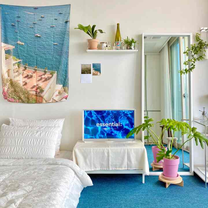 白と青のトーンのワンルーム寝室、全身鏡と植物、ラグが配置された清潔でさわやかな空間