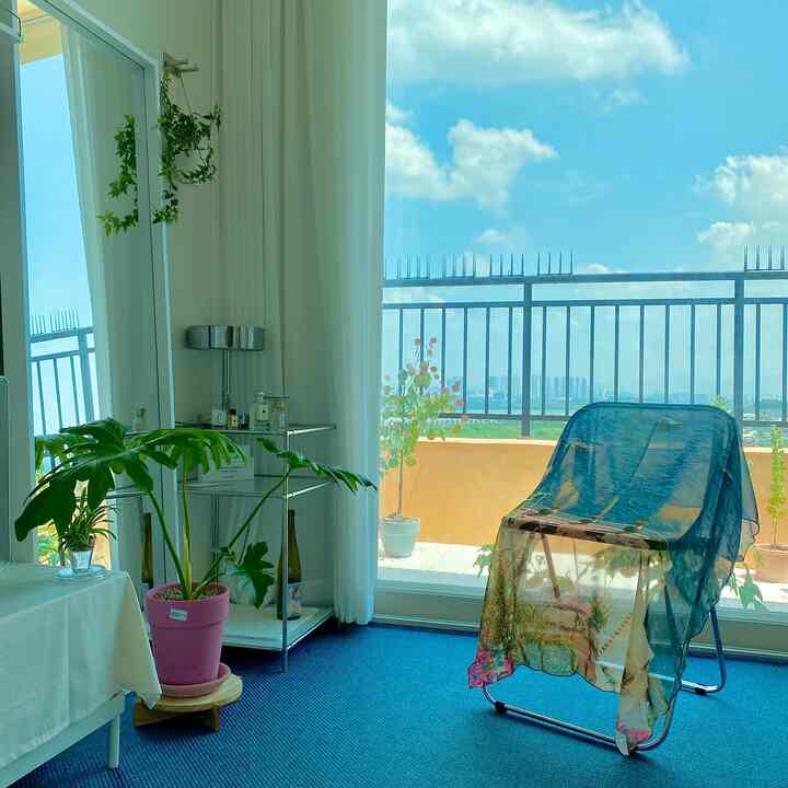 White and navy toned veranda featuring a transparent folding chair, full-length mirror, and various plants creating a natural atmosphere