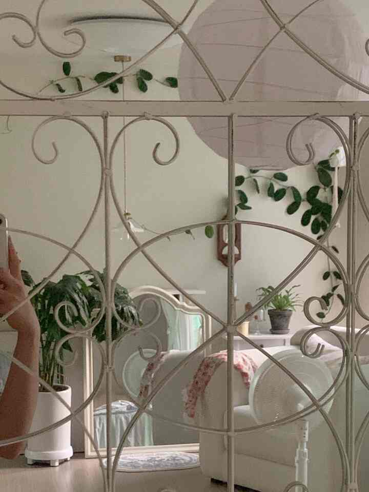 White-toned bedroom space featuring a mirror reflecting bed, sofa, and plants, creating a cozy natural interior