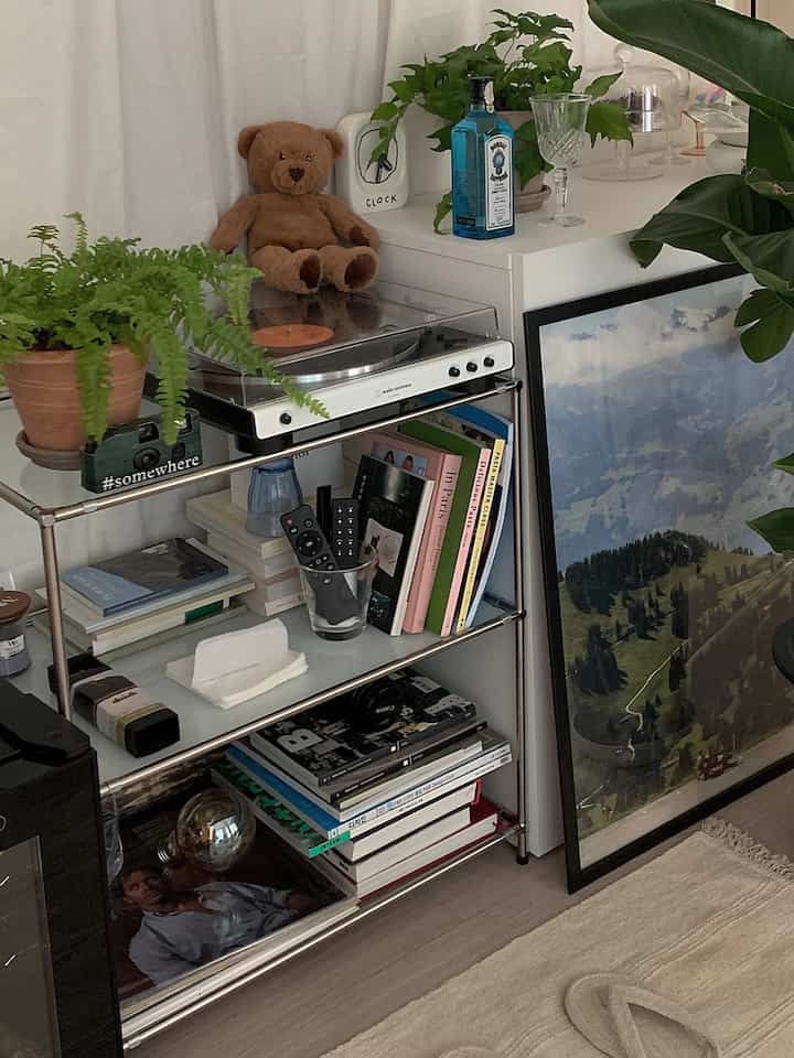 Cozy modular furniture space featuring white background and metal shelves topped with turntable, teddy bear, and plants