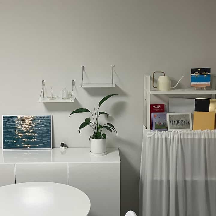 白を基調としたリビング、棚と額縁、植物が配されたシンプルでモダンなインテリア