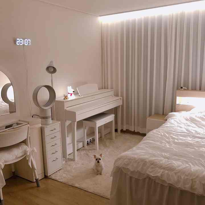 White-tone bedroom featuring frilled bedding, fluffy rug, indirect and mood lighting creating a cozy atmosphere, with a small dog sitting in the center