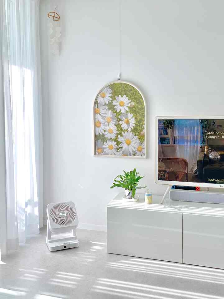 White-toned living room featuring a floral poster, TV stand, plant, and a circulator arranged neatly in a modern space