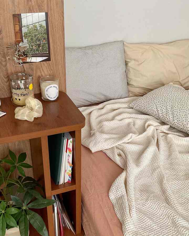 Natural tone bedroom featuring wood-tone nightstand and plant, creating a cozy atmosphere