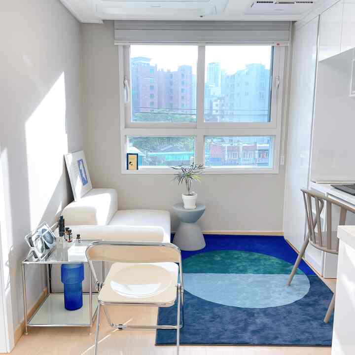 White and green toned 1.5-room living area featuring modern sofa, transparent chair, and circular patterned rug with a clean and bright atmosphere